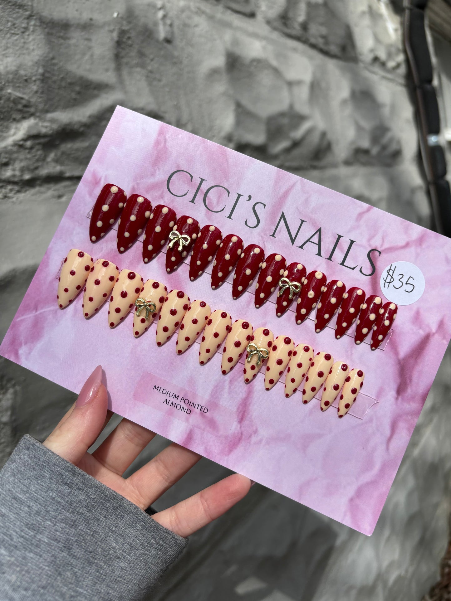 Red and light yellow Polka dots🍓🧈 medium pointed almond/stiletto