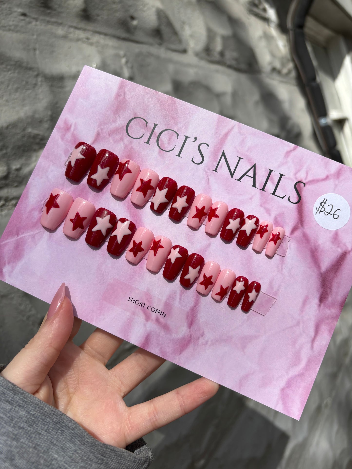 Red & pink stars ⭐️❤️🩷 short coffin one size fits all