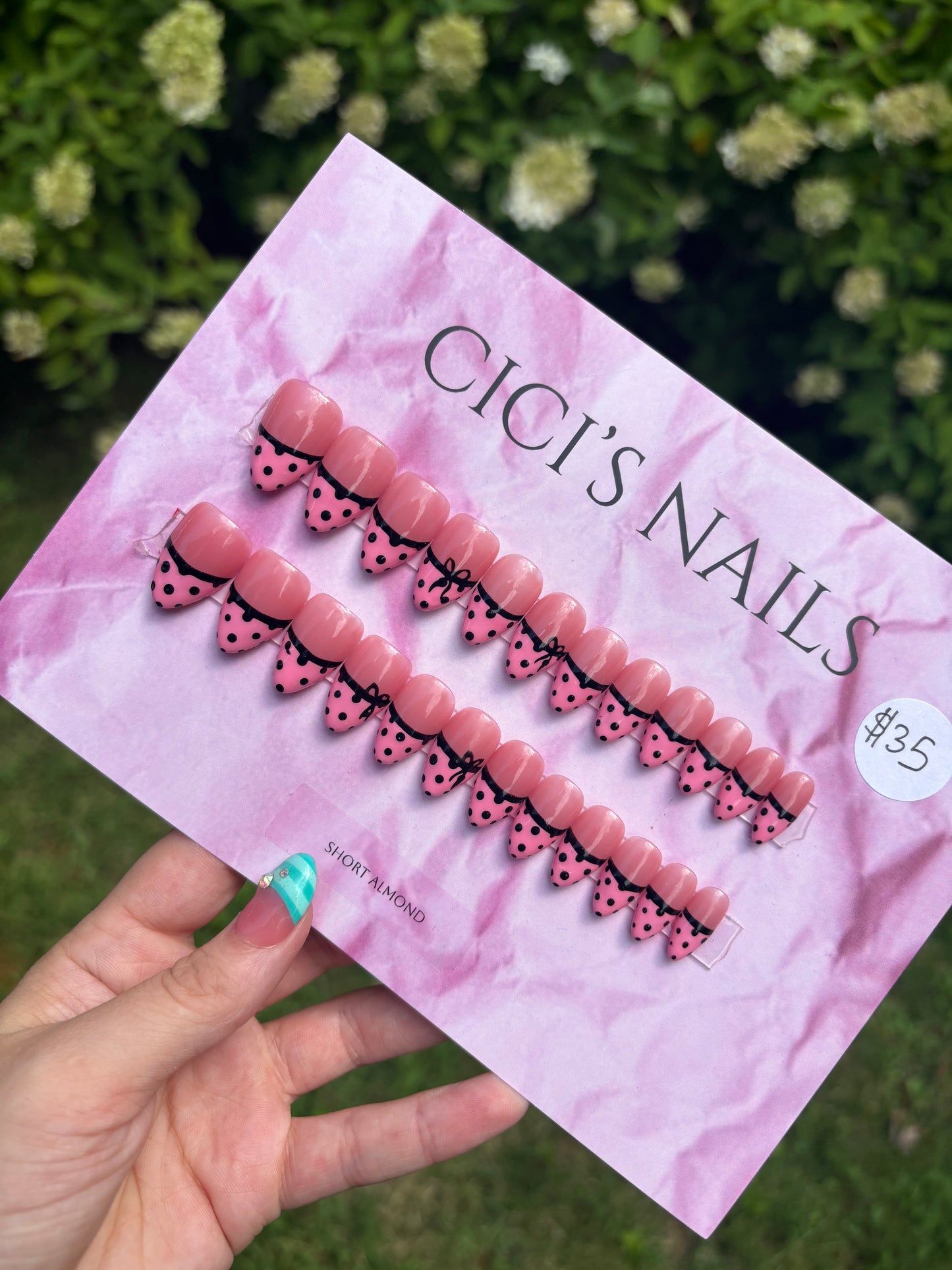 💗 pink French tip with polka dots, short coffin one size fits all