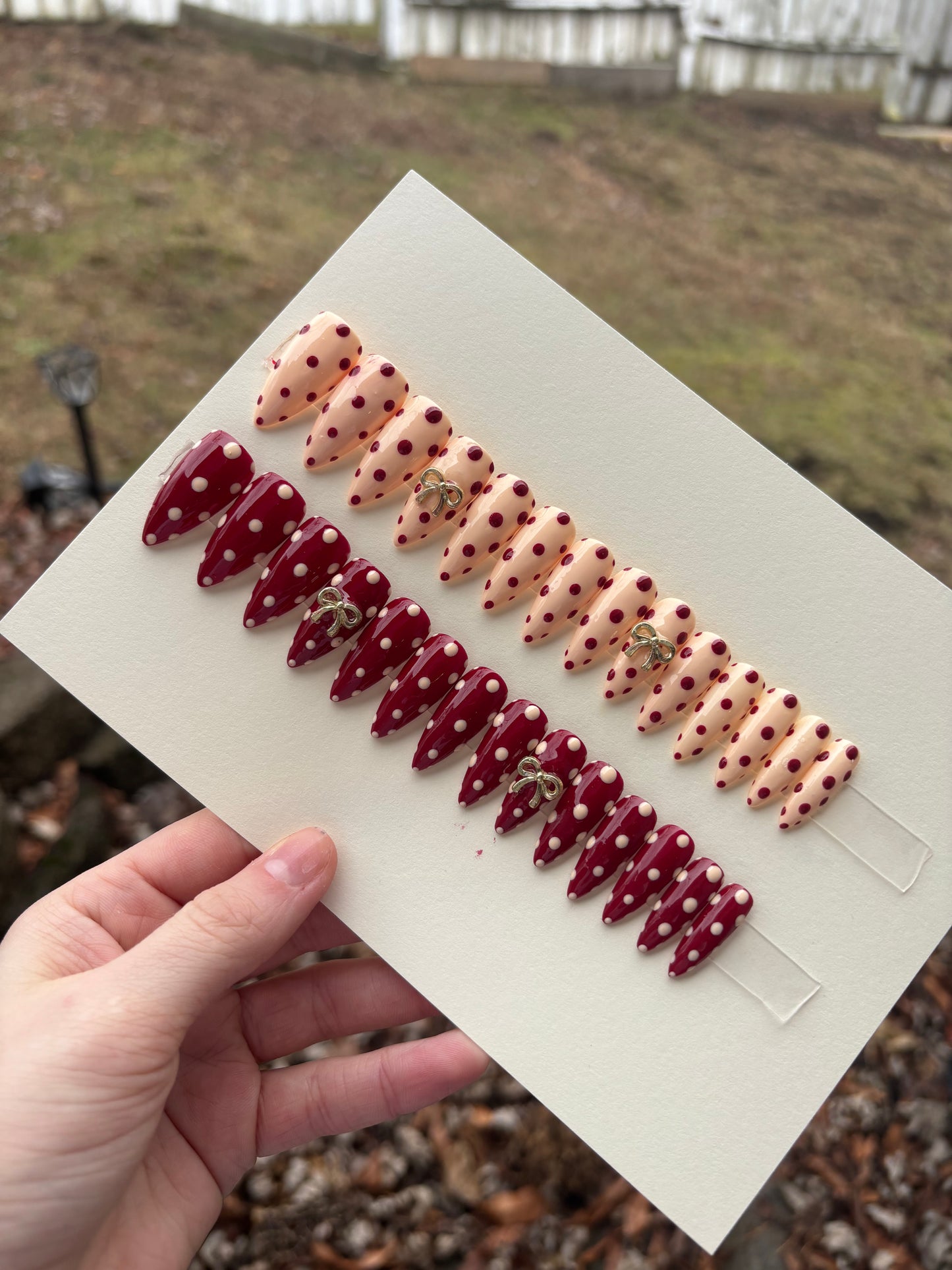 Red and light yellow Polka dots🍓🧈 medium pointed almond/stiletto