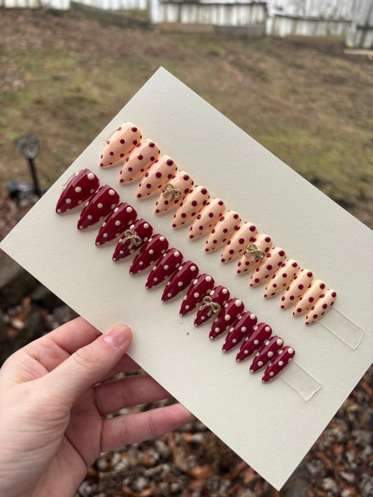 Red and light yellow Polka dots🍓🧈 medium pointed almond/stiletto