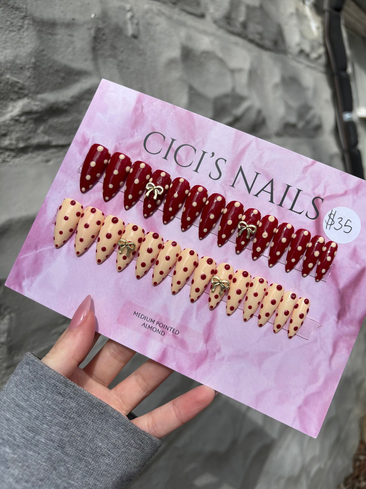 Red and light yellow Polka dots🍓🧈 medium pointed almond/stiletto