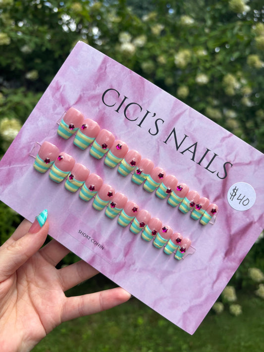 💗🌿🍯 green and yellow stripes & pink stars, short coffin one size fits all
