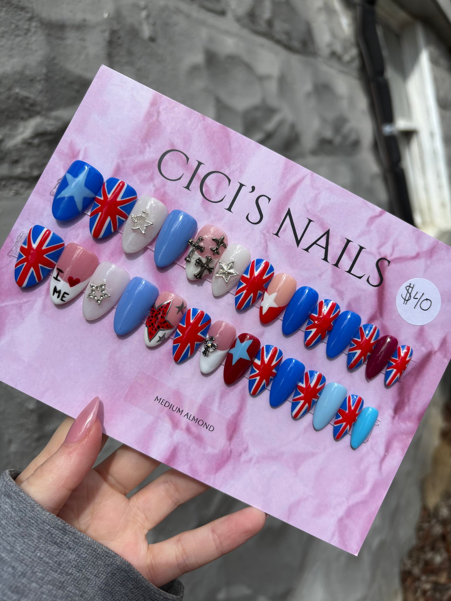 Union Jack 🇬🇧⛓️‍💥 medium almond one size fits all