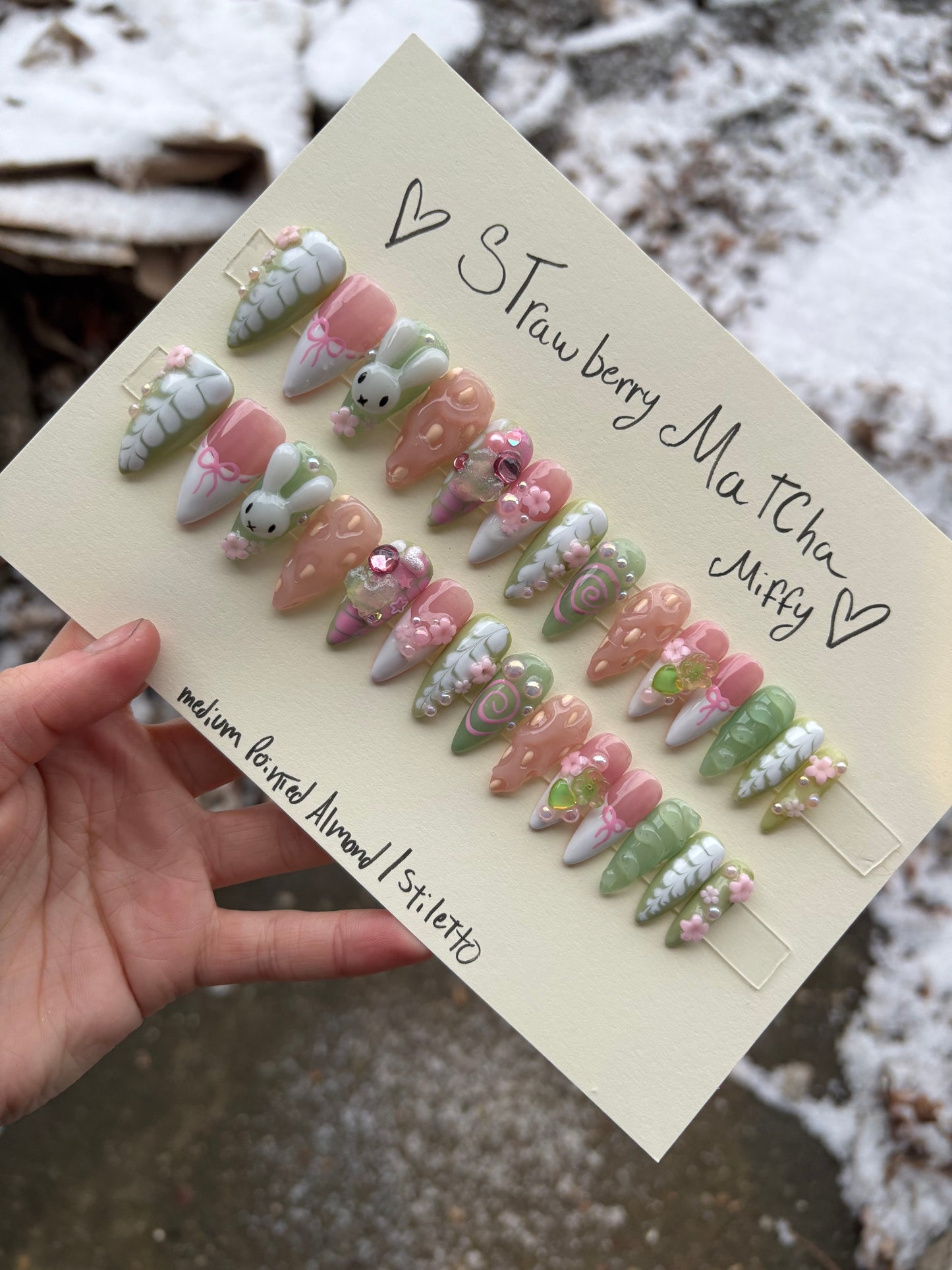 Strawberry Matcha Miffy🍓🍵🍥 medium pointed almond/stiletto
